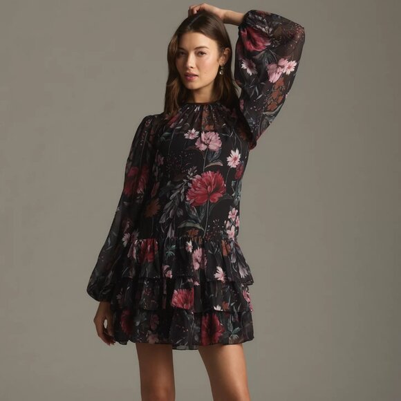 Mac Duggal Dresses & Skirts - Ieena for Mac Duggal Long-Sleeve Ruffled Chiffon Floral Mini Dress Size 8